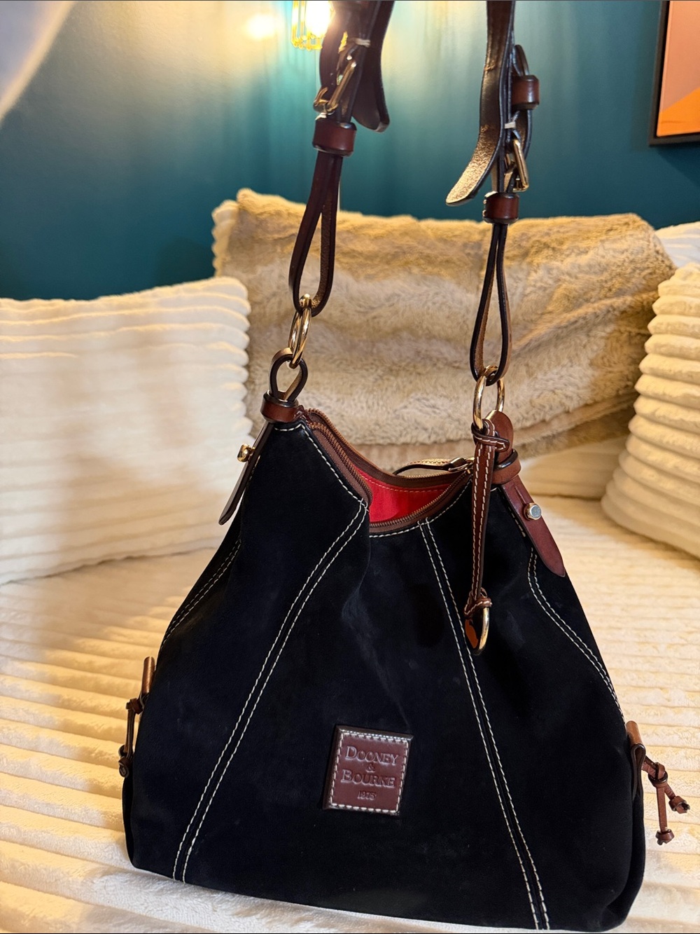 Vintage Dooney & Bourke Black Suede Shoulder Bag with Brown Leather Trim